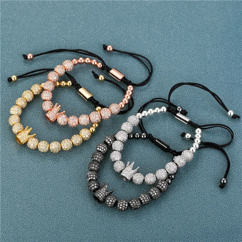 

New Fashion Simple Bead Bracelet Popular Micro-inlaid Zircon Copper Drill Ball Crown Hand-woven Adjustable Bracelets Hand Rope