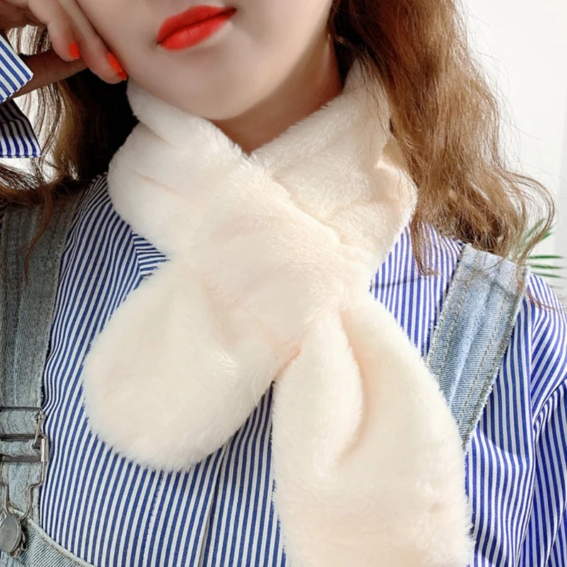 

Women Winter Fuzzy Plush Loophole Cross Collar Scarf Solid Color Shawl Wrap Neckerchief Windproof Neck Warmer Shrug