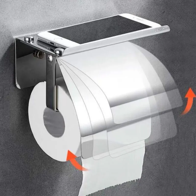

Punch-free Strong Paste Simple Modern Style Stainless Steel Tissue Box Toilet Hotel Roll Paper Mobile Phone Holder Rack G8255