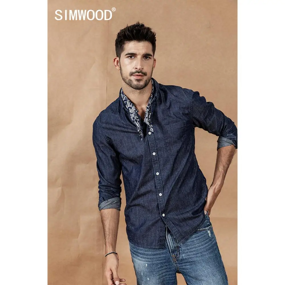 Мужская джинсовая рубашка SIMWOOOD темно синяя в горошек со съемным шарфом весна