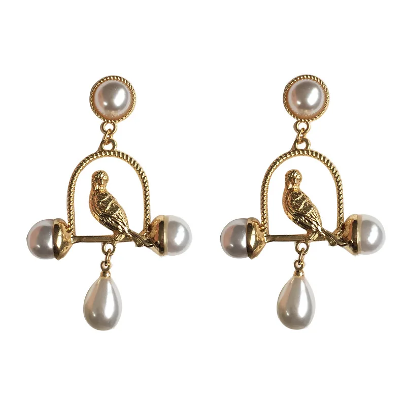 

Creative Birdie And Birdcage Waterdrop Pearl Dangling Earrings Vintage Feminine Charm Clip On Earrings Fashion Jewelry Gift