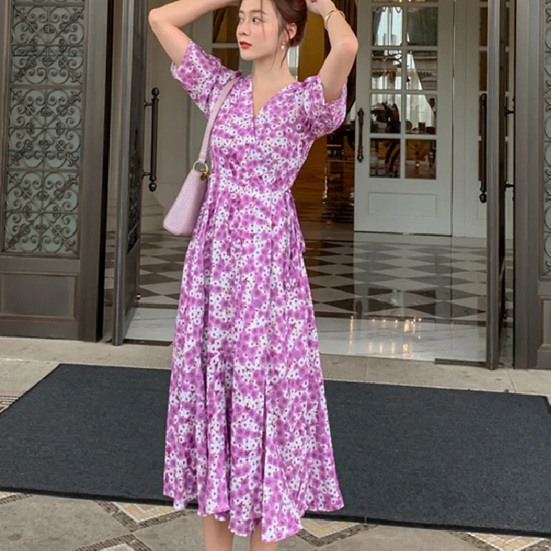 

Женское шифоновое платье в стиле бохо, длинное фиолетовое цветочное элегантное модельное платье в Корейском стиле, лето платье для пляжа и ...