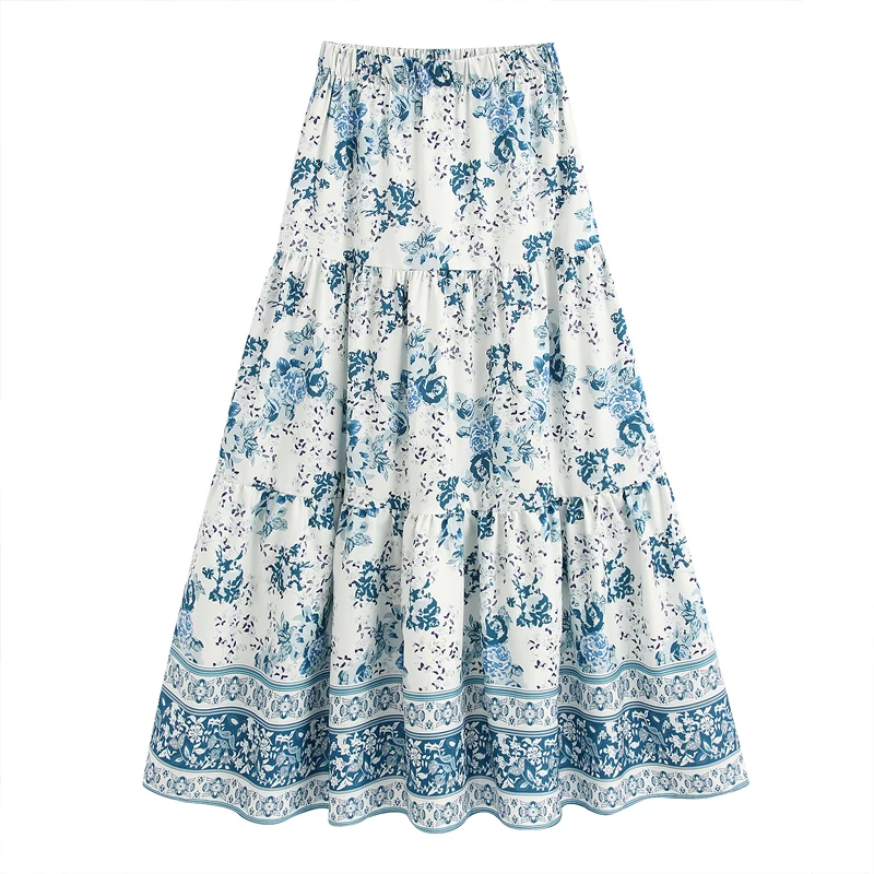 

Elegant 2020 Summer High waist Print Long Skirt Women Chinese style Bohemian Female Maxi Skirt Fashion Casual Spring YNZZU YB425