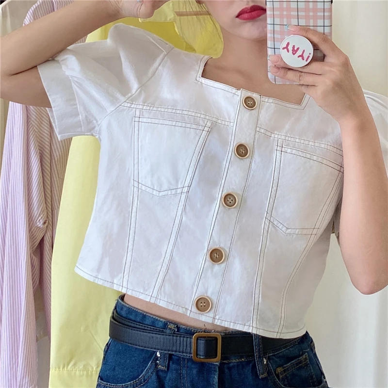 

Tops Women French 2021 Summer Square Neck Puff Sleeve Short Cardigan Top Black White T Shirt Female Solid Color Casual Tops