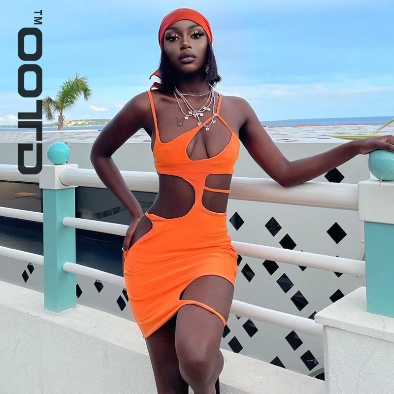 

OOTD 2021 Sleeveless Hollow Out Halter Bandage Sexy Slit Mini Dress Summer Women Fashion Streetwear Party Vacation Clothing