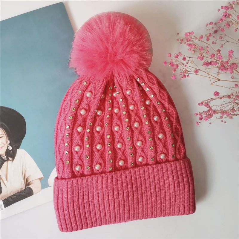 

2021 Brand New Girls Knitted Hats Autumn Winter Warm Ablazely Crochet Knit Hat Furry Ball Beading Beanie Cap