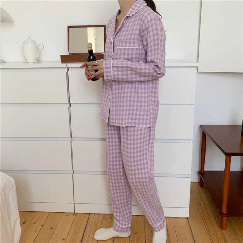 

Alien Kitty 2021 Two Pieces Suit Loose Plaid Homewear Gentle Nightwear Sweet Soft Casual Loose Fashion Long Sleeves Pajamas Set