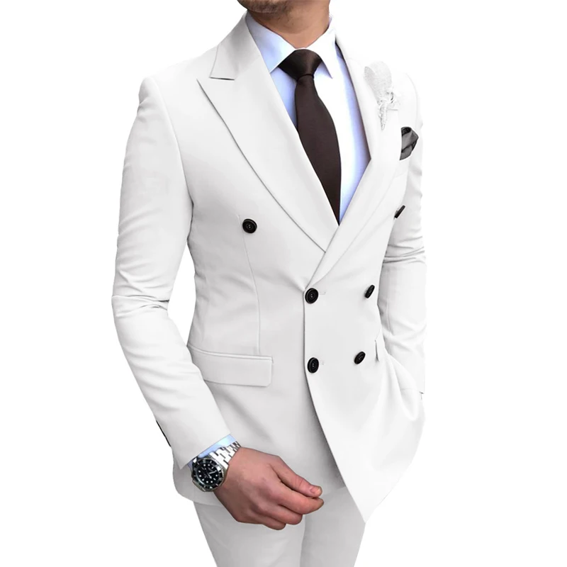 

Double Breasted Slim fit Men Suits for Wedding Party with Peaked Lapel 2 Piece Male Suit Set Jacket Pants White Groom Tuxedos