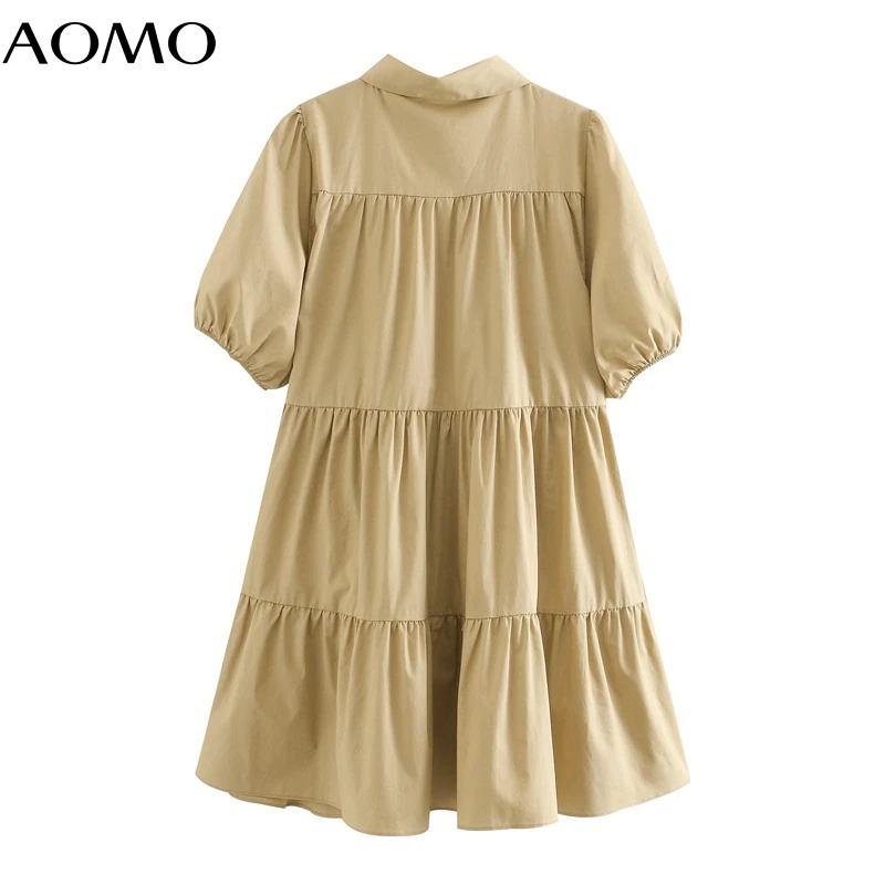 

AOMO fashion women khaki summer cotton mini dress backless puff short sleeve ladies vintage A-line dress vestidos 3L40A