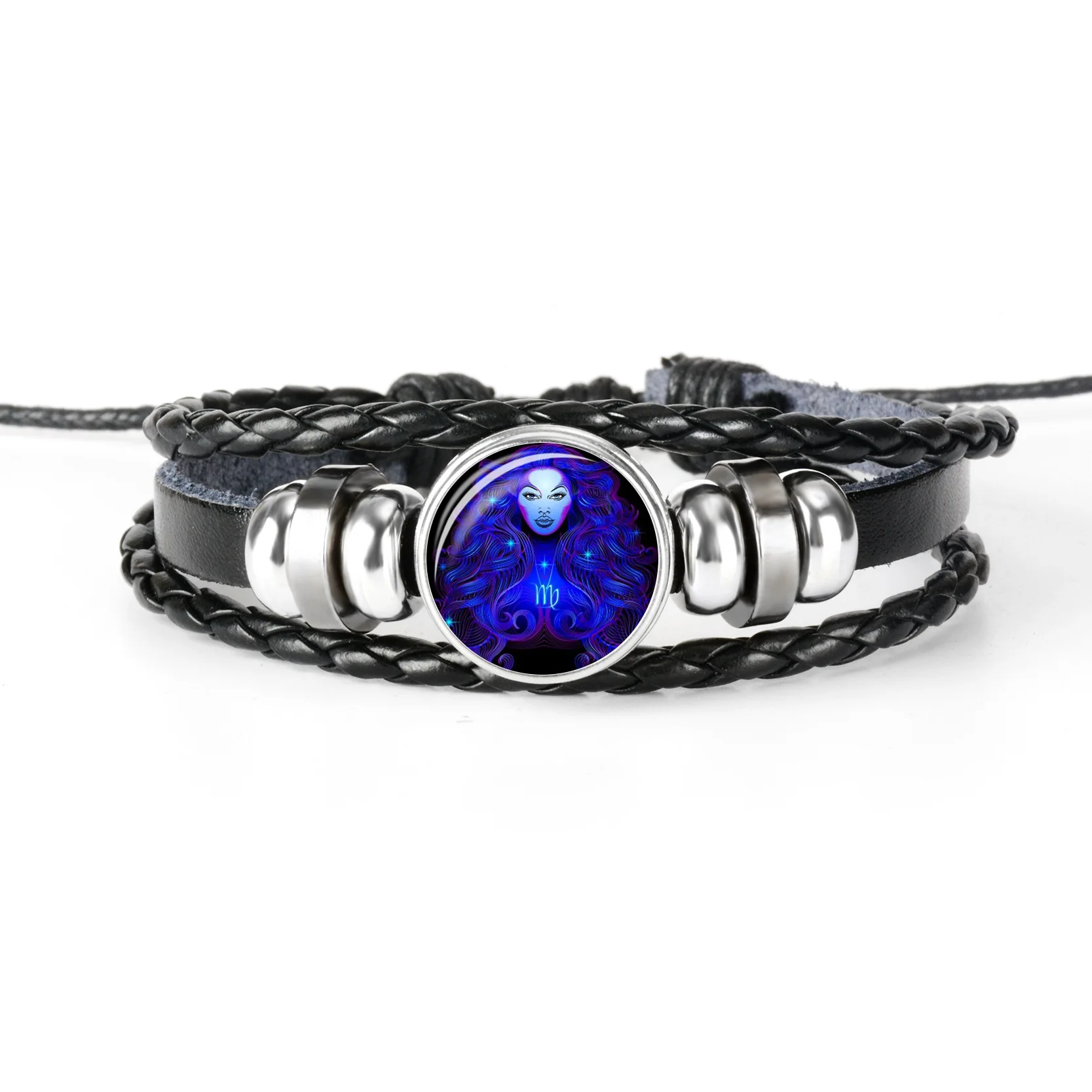 Virgo 12 Созвездие зодиака знак Черная Плетеная кожа браслет Leo Cancer Virgo Libra Тканые Стеклянные купольные украшения панк мужской браслет 88 - Окраска металла: Virgo