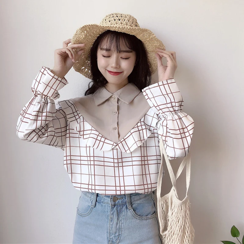 

vintage full ruffles plaid Women's Clothing turn-down collar Spring autumn tops high quality temperament shirts vetement femme