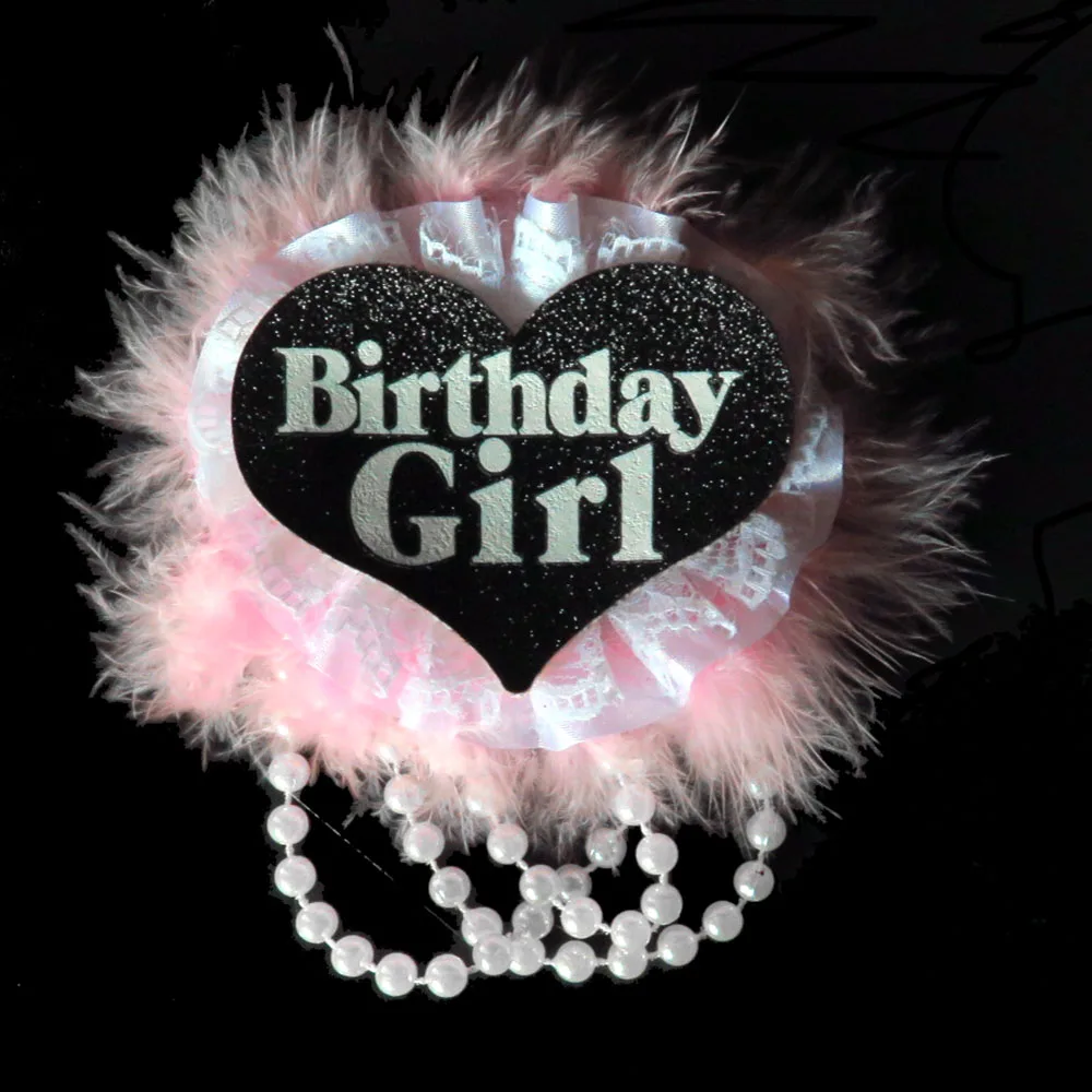 

2021 Light pink ribbon birthday girl printing with stones heart lace feather badge matched birthday girl sash as fun party gift