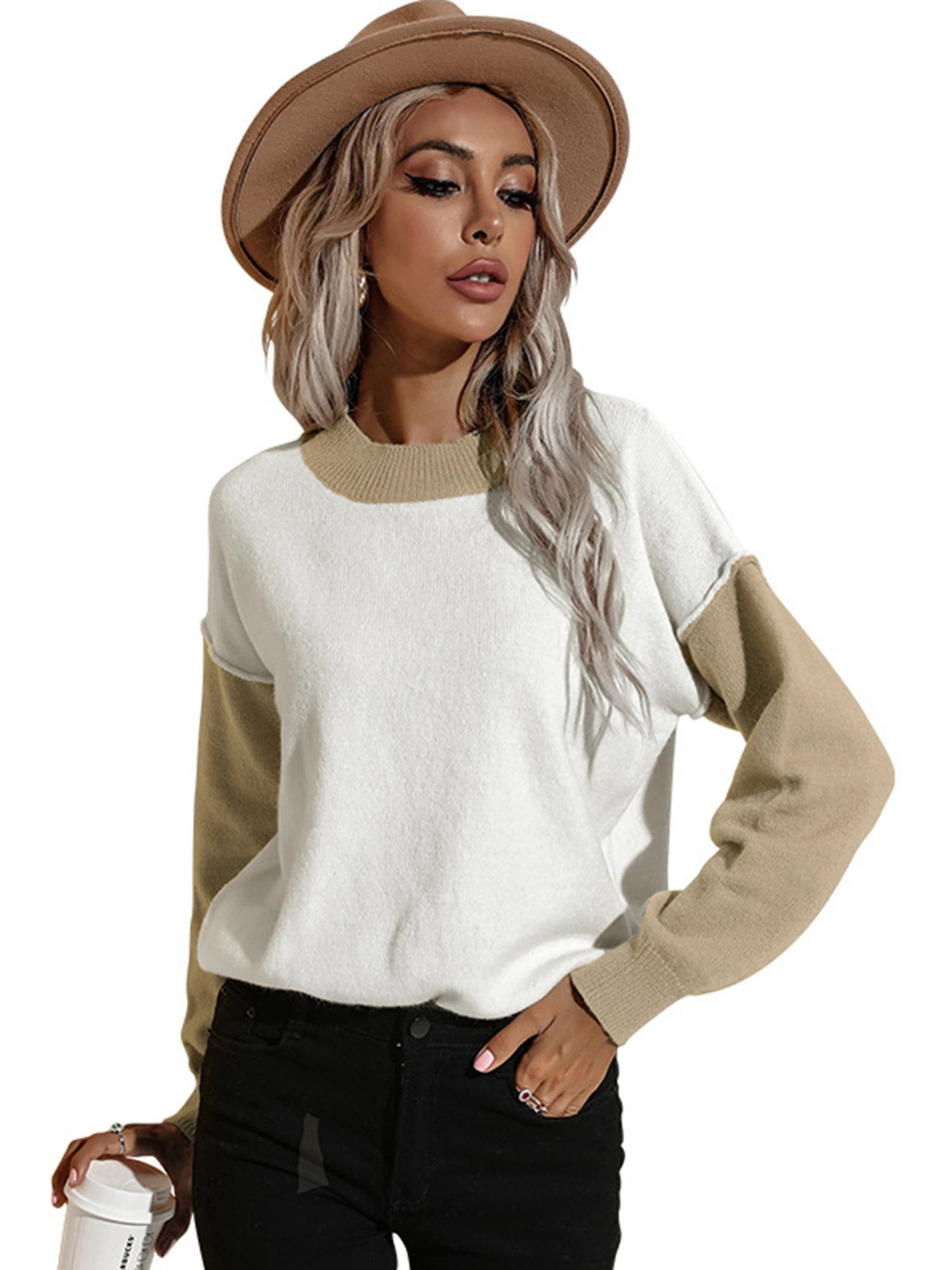 

Women Pullover Tops Color Block Sweaters Knitwears Casual Long Sleeve Round Neck Loose Knit
