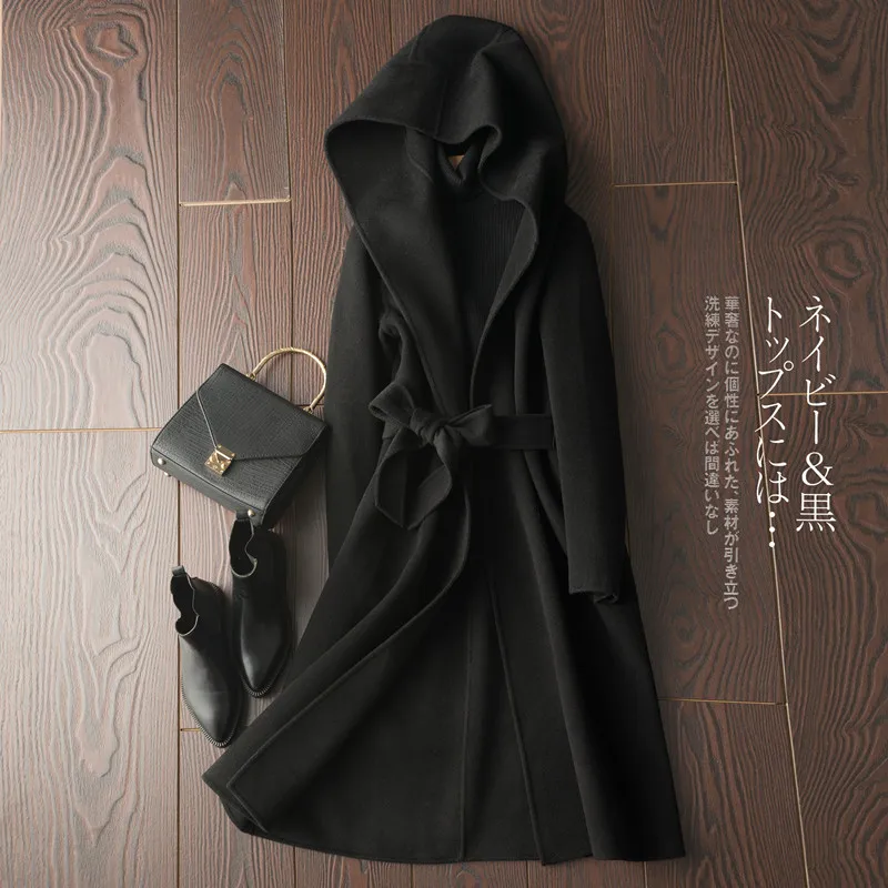 

Female 2020 New Spring Autumn Double-faced Wool Coats Solid Color Fashion Hooded Design With Belt Long Jackets Women