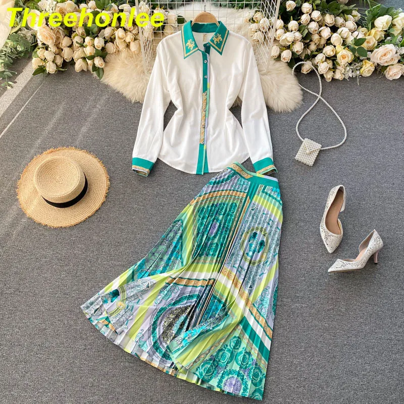 

High Quality Fashion Runway Midi Skirt Sets Women's Long Sleeve Contrast Color Green White Shirt And Pleated Skirts 2 Piece Suit