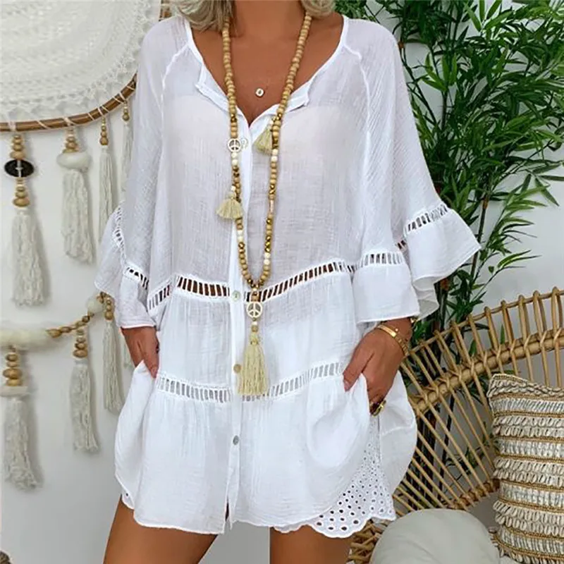 Women v- Neck T-Shirt Basic Button Tee Summer Casual Loose Three Quarter Buttterfly Top Feminino Vestido | Женская одежда