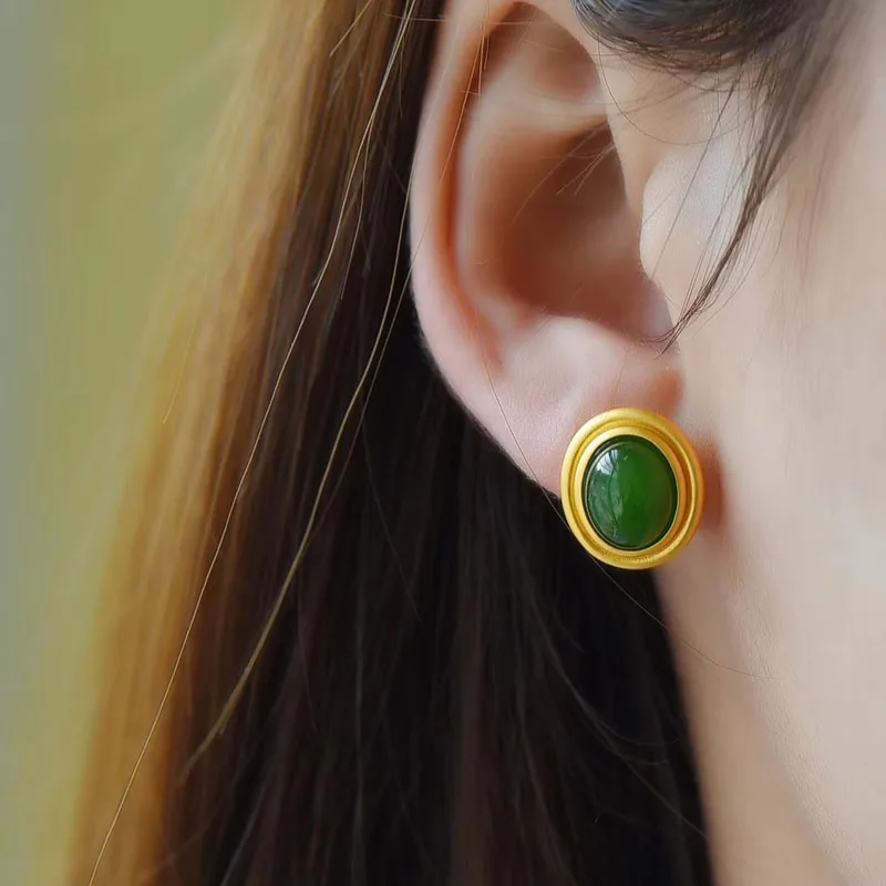 Jadery натуральный темно зеленый яшма Нефрит серьги для женщин Позолоченные 925