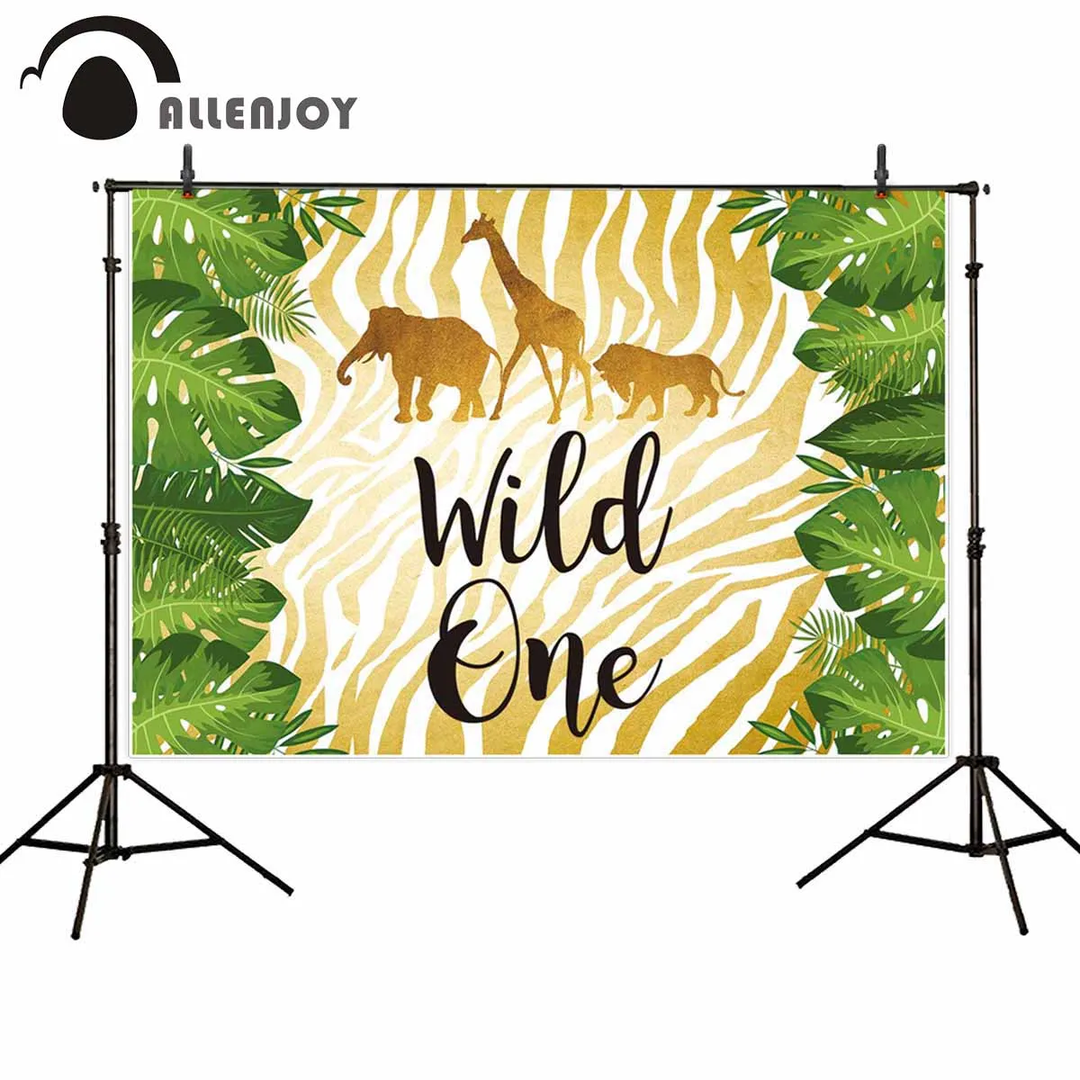 

Allenjoy Jungle Party Backdrops Wild One Golden Desert Elephant Giraffe Lions Leaves Banner Summer Tropical Birthday Background