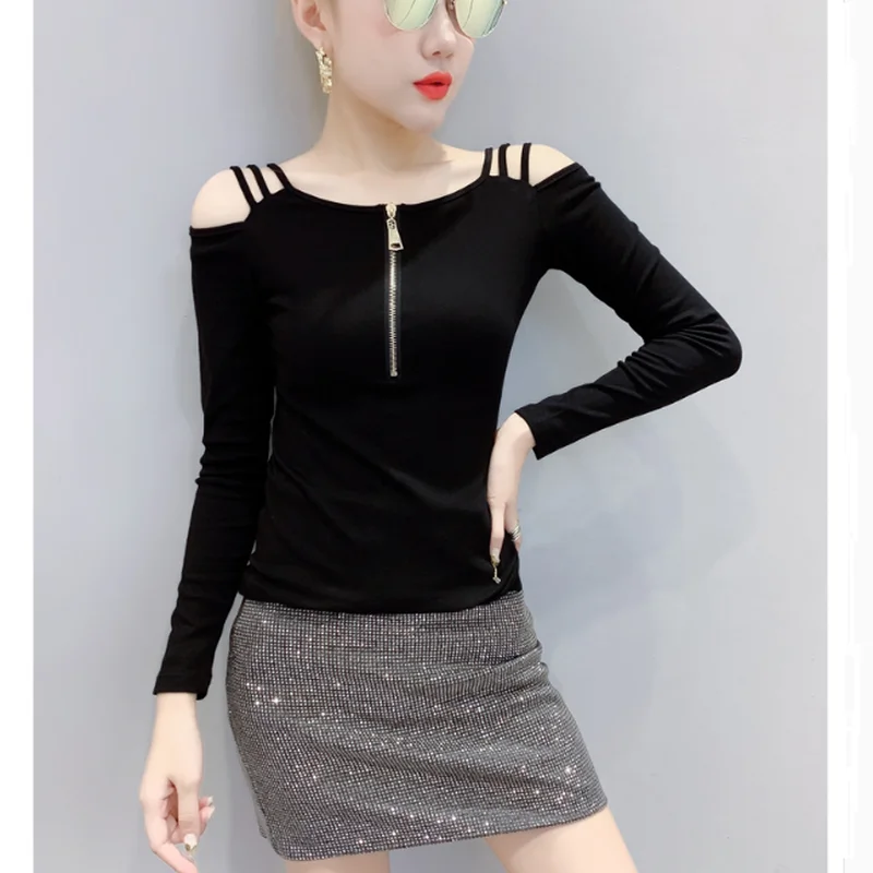 Женские футболки на молнии с открытыми плечами весенне-осенние модные топы