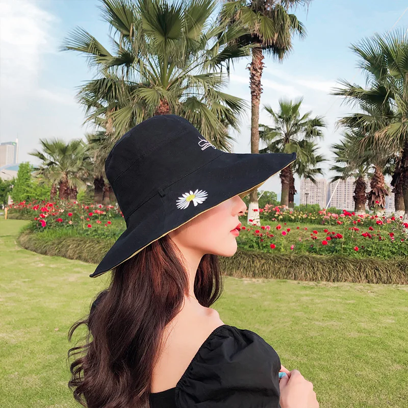 

Double-Sided Embroidery Daisy Bucket Hats For Women Girls Summer Fashion Black Panama Caps Spring Fishing Pink Fisherman's Hat