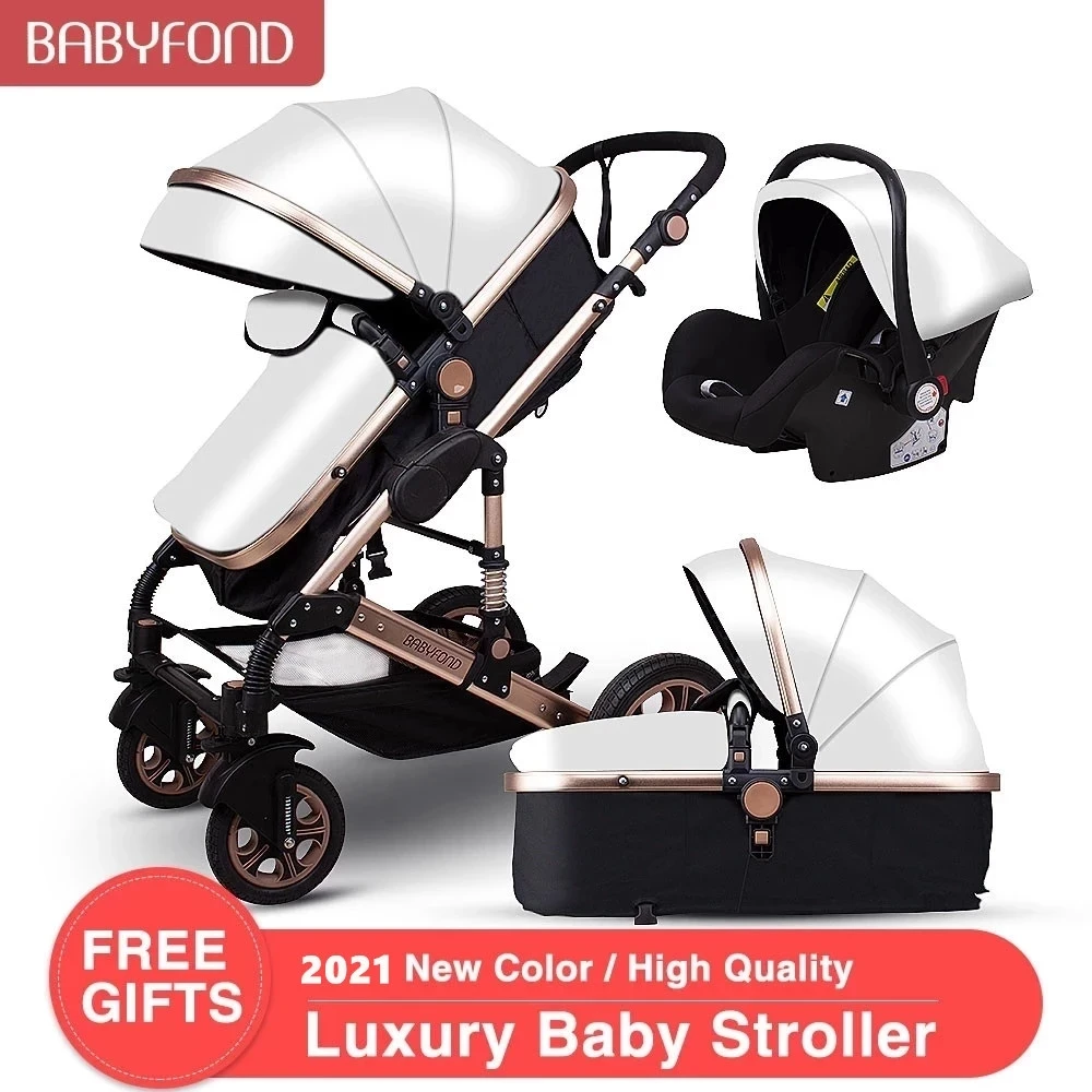 Luxury babi stroller 3 in 1 PU Leather Travel Baby Carriage Folding Prams Aluminum Frame High Landscape Car for Newborn Baby