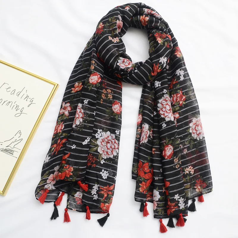 

Women Striped Floral Print Scarf with Tassels Girls Spring Summer Tropical Printed Scarf Cape Shawl Wrap Black Long Flower Scarf