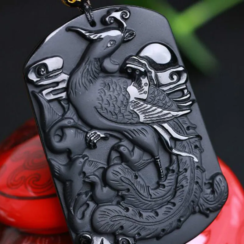 Ожерелье из натурального черного обсидиана с подвеской в виде феникса модное