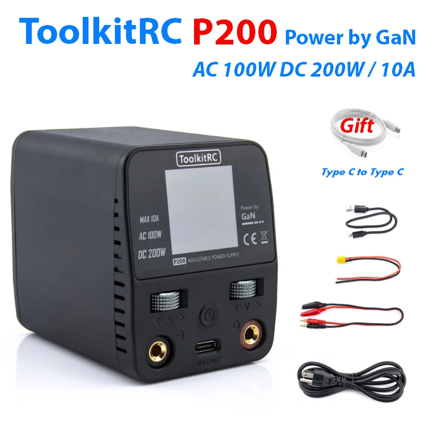 

ToolkitRC P200 GaN Power Supply AC100W DC 200W Max 10A Output With TypeC 65W Output fast charging for iphone Sumsung