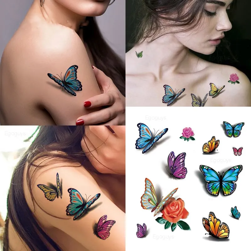 Временные татуировки стикер для женский боди арт 3D бабочка роза цветок перо