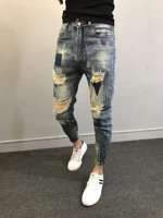 2022 wholesale teenagers social spirit guy ripped pants trendy tiepants leg feet pants ankle length jeans mens slim harem pants