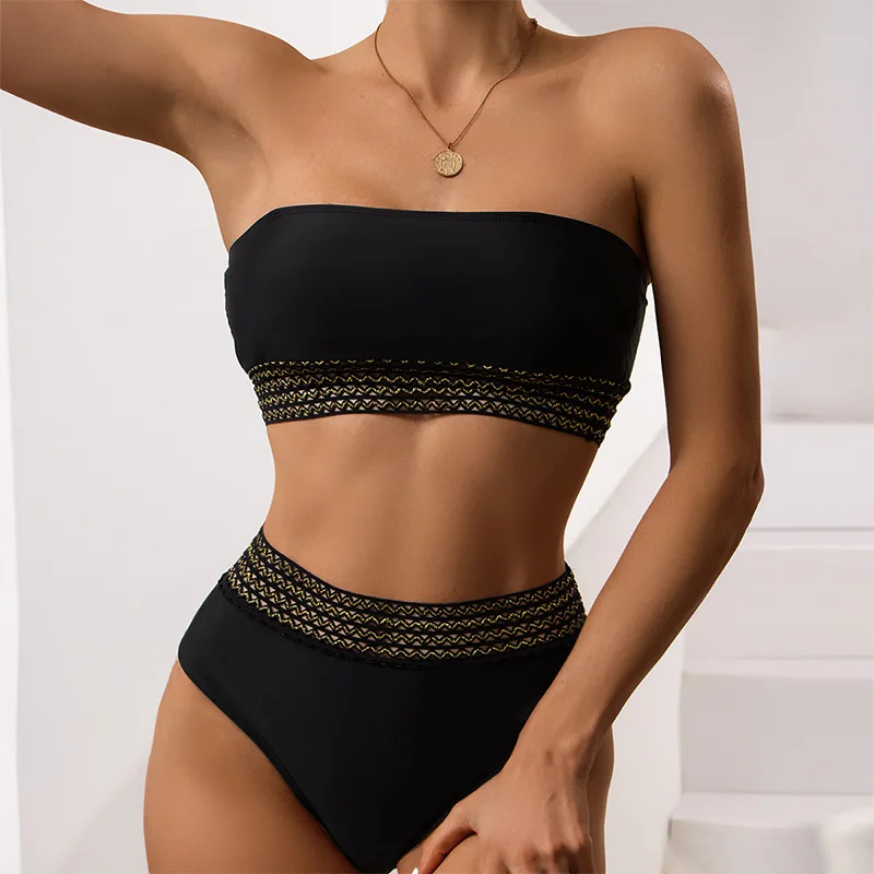 

Rinabe Bandeau Biquini 2022 High Waist Swimsuit Women Swimwear Patchwork Webbing Bathing Suit High Cut Bikini Set Sexy Beachwear