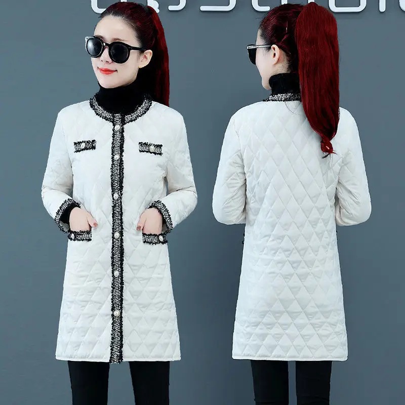 

Cotton Padded Jacket Women's Long Korean Padded Jacket Woven Diamond Lattice Lightweight Down Cotton Women's Thick Winter Coat