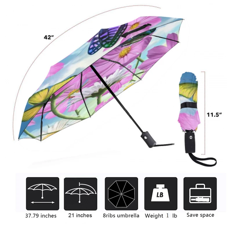 Автоматический 3-складной Зонт от дождя для женщин ветрозащитные зонтики с