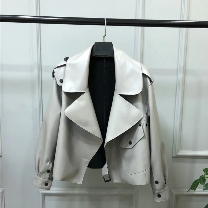 

100% Streetwear Genuine Female Leather Jacket Fashion Pockets Loose Fit Casual Coat Office Ladies Lapel Qualities Short Jackets