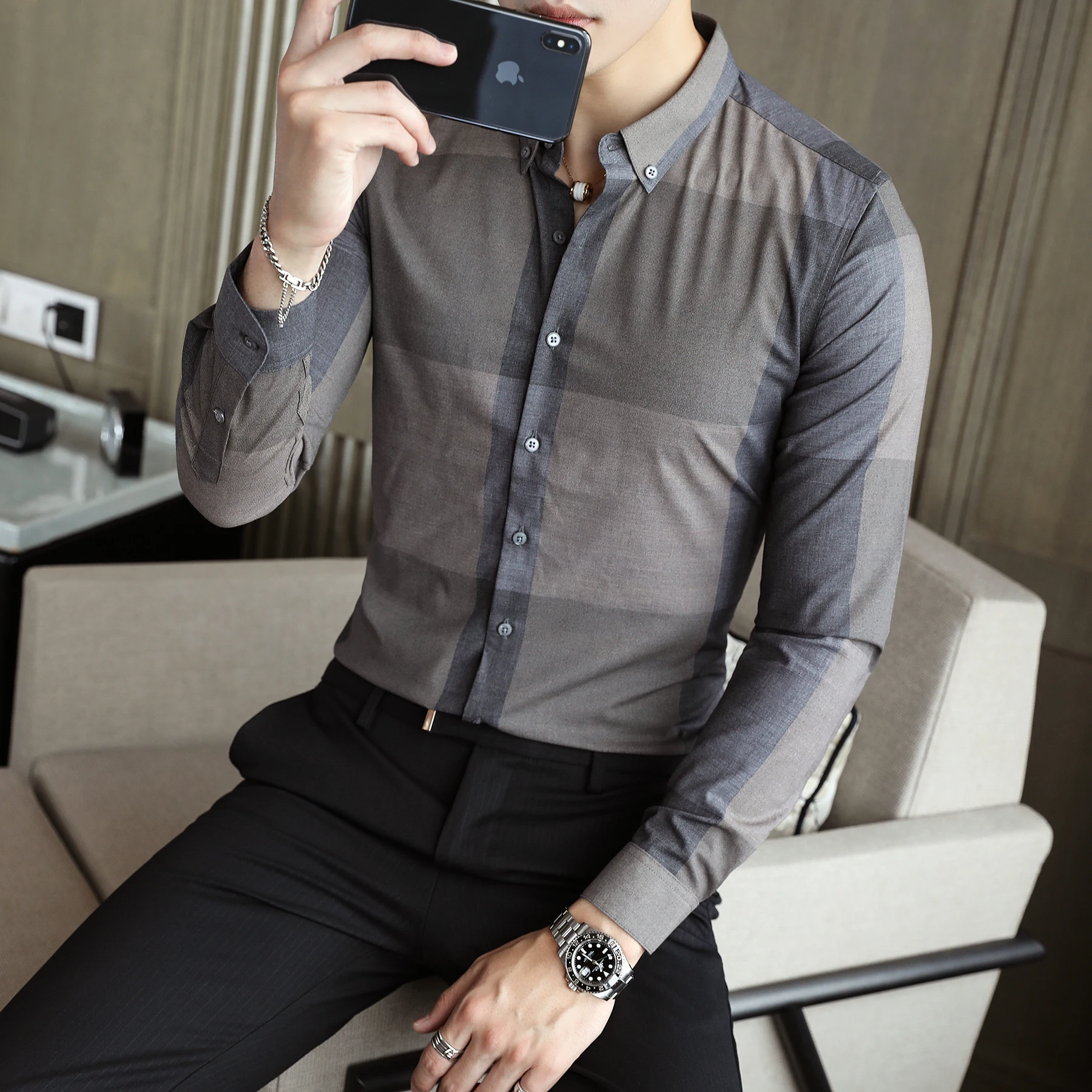 

2021 Осенние новые клетчатые рубашки для мужчин с длинным рукавом, деловые формальные рубашки, тонкие повседневные рубашки, уличная мужская о...