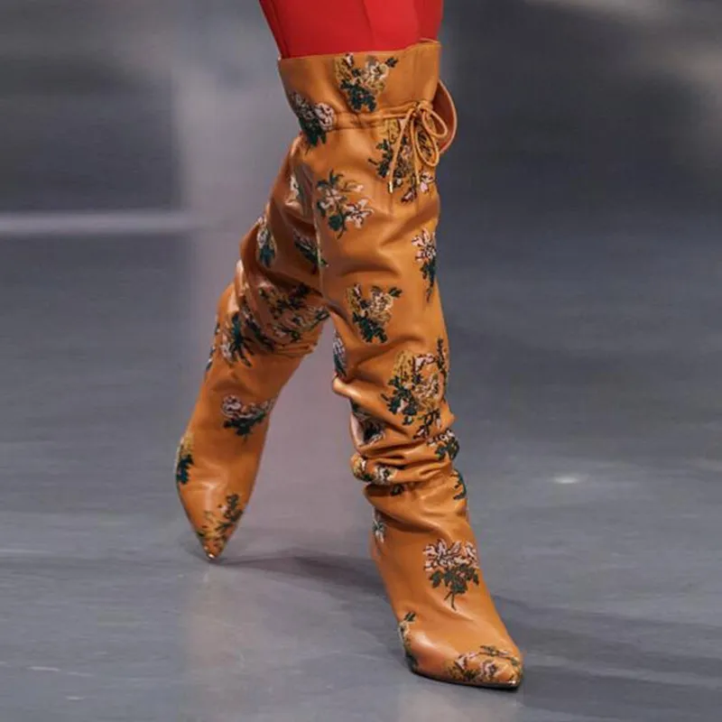 Beli Sepatu Bot Atas Lutut Mode 2021 Sepatu Bot Ujung Lancip Bordir Mewah Wanita Sepatu Hak Tinggi Renda Wanita Botas Mujer