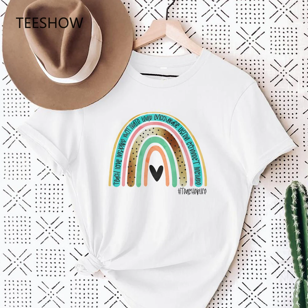 

Teach Love Rainbow Print White T-shirt Teacher Life Summer Short Sleeve Harajuku Aesthetic Women Graphic T Shirts Clothes
