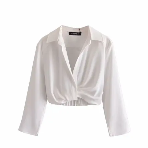 Блузка Klacwaya Za Женская короткая, свободная плиссированная Однотонная рубашка с глубоким v-образным вырезом и длинным рукавом, с декоративным воротником, лето 2021