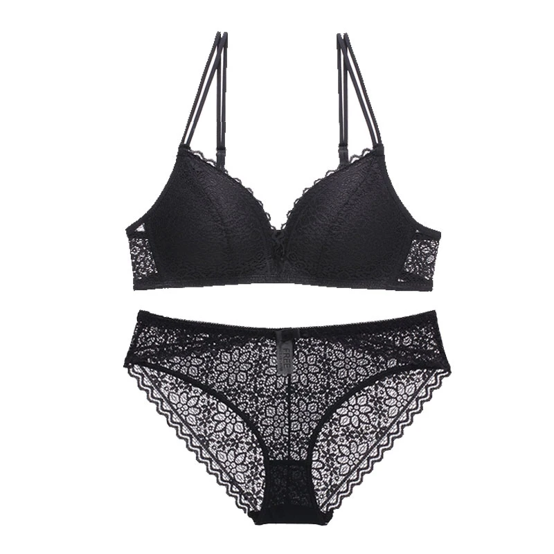 BLACK BRA SET Новинка, женское нижнее белье, комплект с бюстгальтером, кружевной сексуальный бюстгальтер пуш-ап и трусики, удобный бюстгальтер с бантом, регулируемый бюстгальтер с глубоким v-образным вырезом - Цвет: BLACK BRA SET