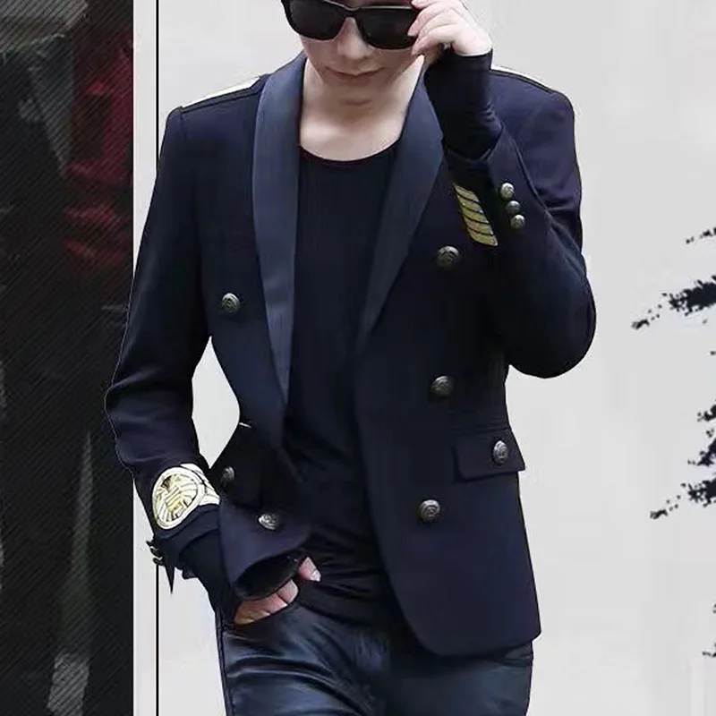 

Preppy epaulettes embroidered with empty pockets double breasted slim jacket singer's outfit