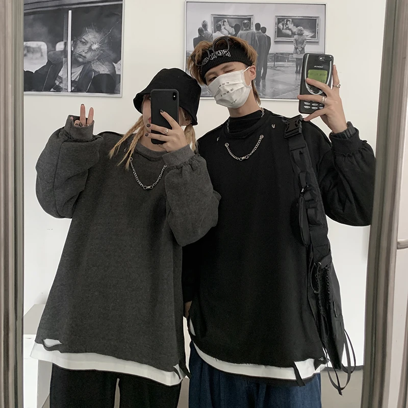 

Ladies Korean Fake Two Sweatshirt 2021 Spring Fashion Loose Casual Plus Velvet Warm Women Man Hoodies Couple Outfit Street Style