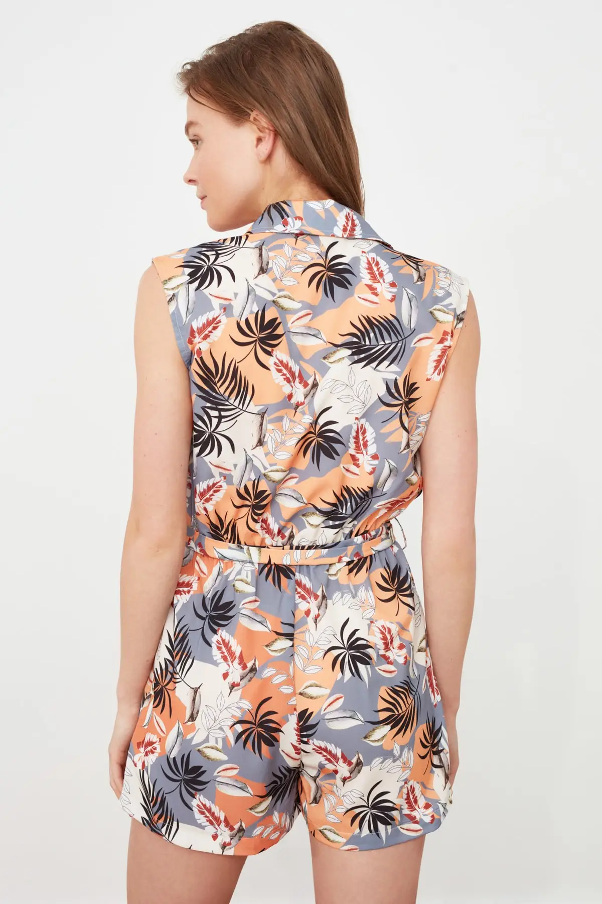 

Leaf Printed Belted Pocket Women Jumpsuit Elegant Sleeveless Short Romper Summer Beach Ladies Bodysuit Streetwear Clubwear