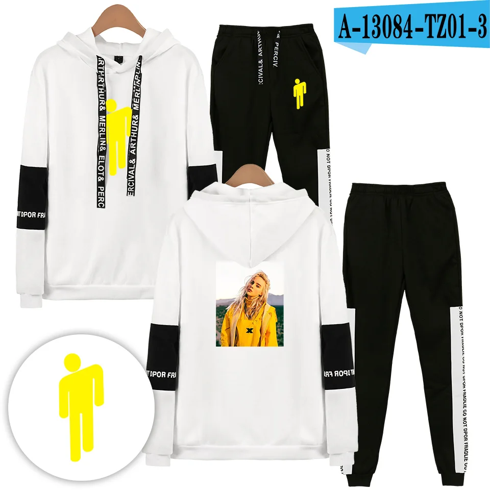 Мужские повседневные осенние/Зимние толстовки Billie Eilish, толстовки/тренировочные брюки, Женский комплект из двух предметов, костюм с капюшоном, хлопковая спортивная одежда - Цвет: Серый