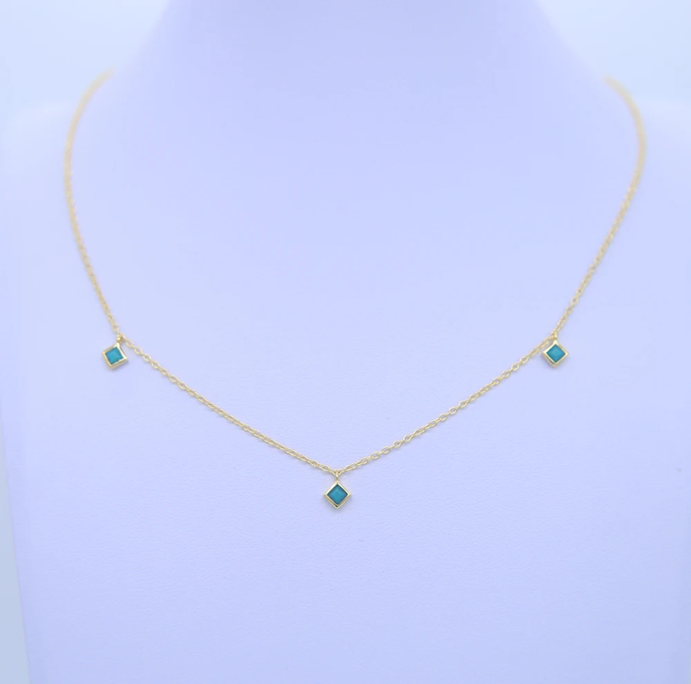 

Limited Collares Collier Fashion 100% 925 Sterling Square Turquoises Drop Charm 3pc Dainty Necklace For Women Party Cheap