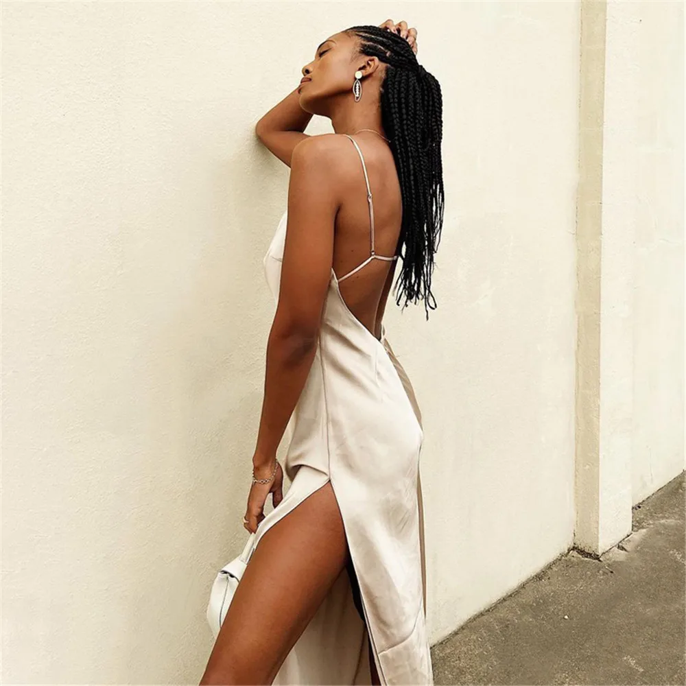 

Summer Women Satin Silky Spaghetti Strap Split Long Dress Elegant Sleeveless Backless Club Party Beach Sexy Vestito 2022