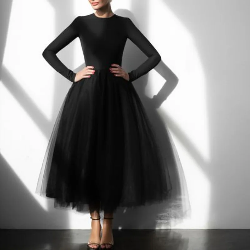 

Women Mesh Patchwork Dress 2021 Autumn Winter O Neck Long Sleeve Elegant Woman Dress Casual A-line Black Dresses vestido