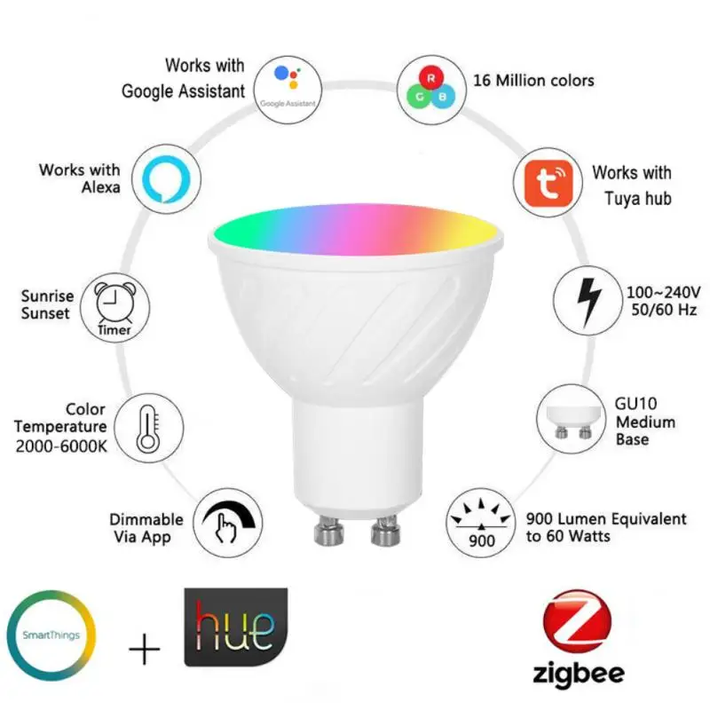 

Умсветильник светодиодные лампы Zigbee Tuya GU10 с Wi-Fi, приглушаемые светильники с дистанционным управлением, работает с Alexa Google Home, RGBCW, 5 Вт