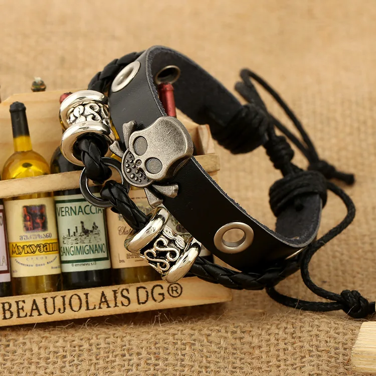 Винтажный крутой коричневый кожаный браслет на запястье с черепом амулеты