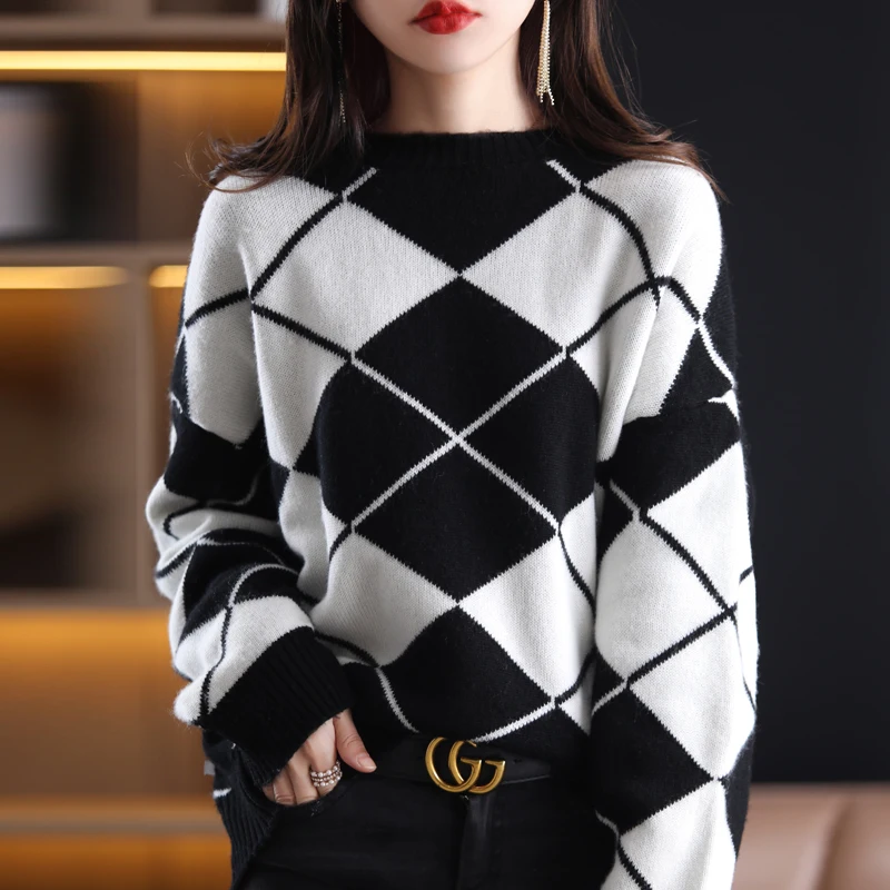 Women's 100% Pure Wool Pullover Fall/Winter New Style Rhombus Contrast Color Loose Casual Thickened Exquisite Knitted Sweater