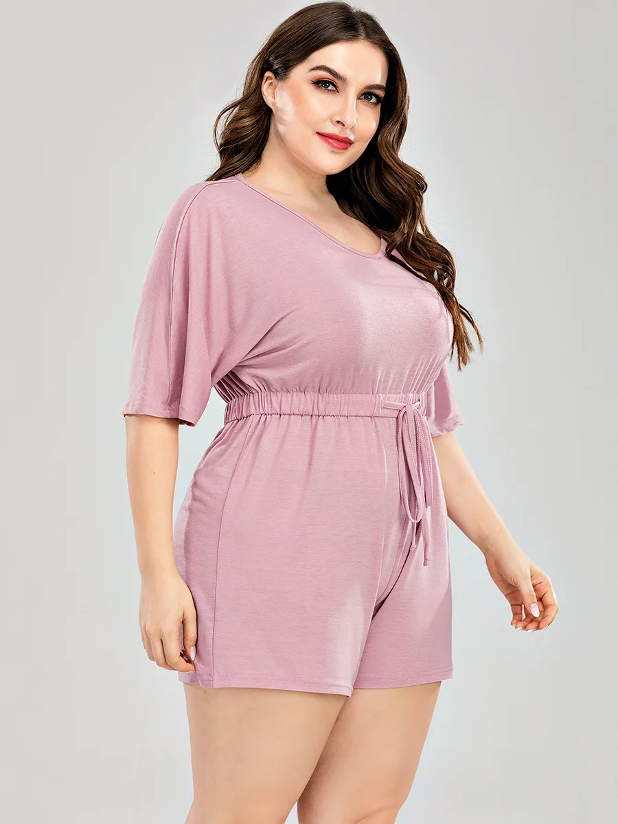 

Plus Size Women's Clothing Pajamas Onesie 2021 New Short Sleeve Lace-up Slim Fit Shorts Onesie Honewear 3xl 4xl Sleepwear